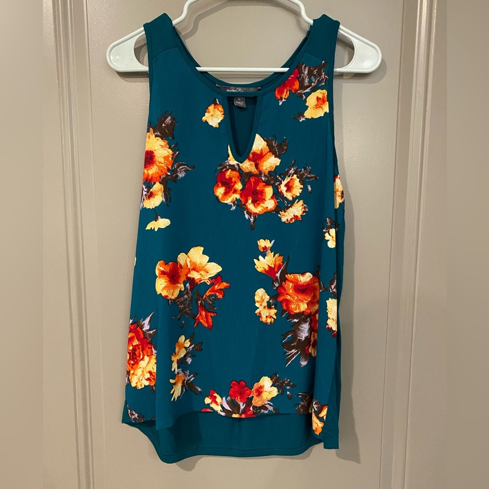 Teal and orange flowered dressy tank top